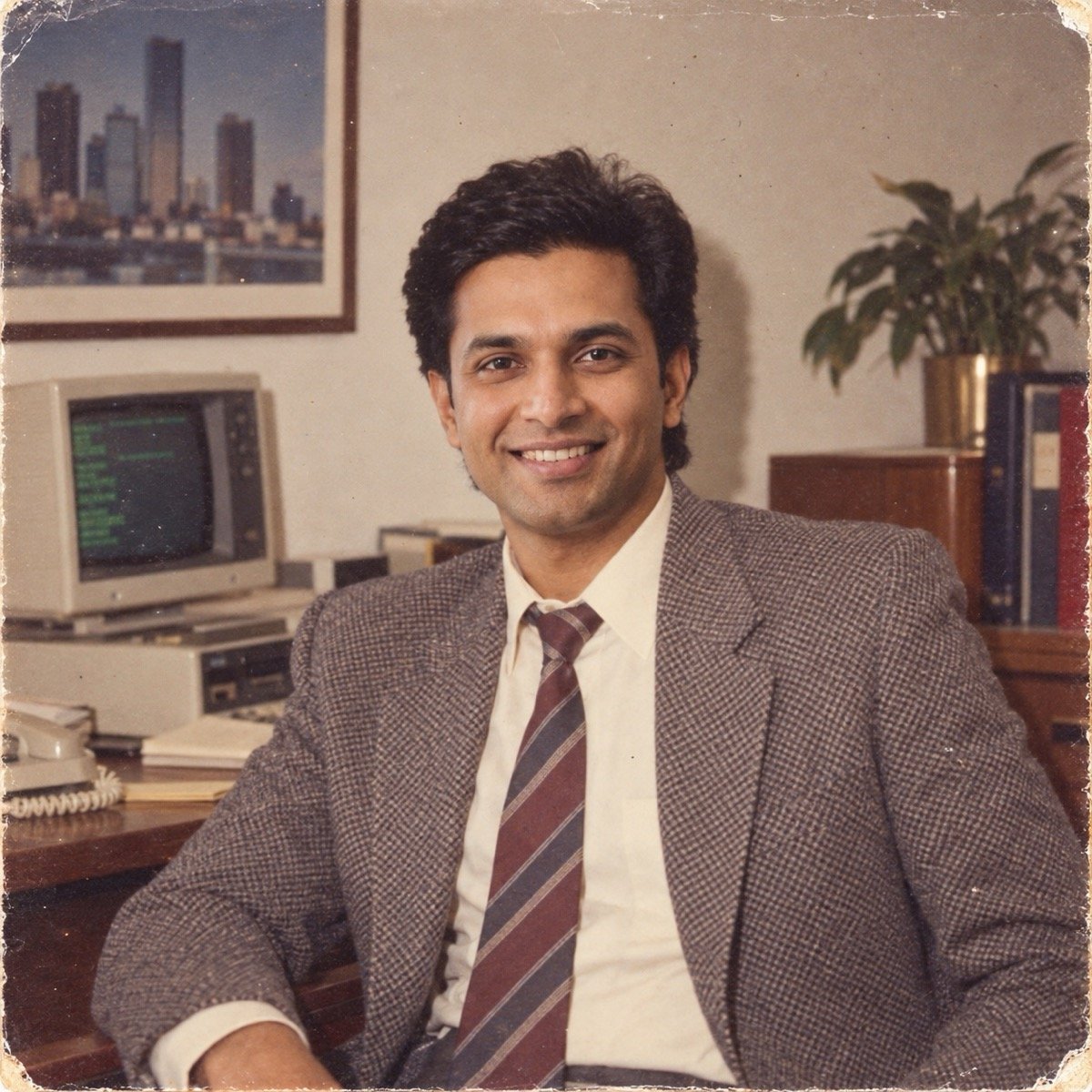 ChatGPT result for prompt 1: a man restyled as a 1980s office photo with a beige computer and a tweed jacket