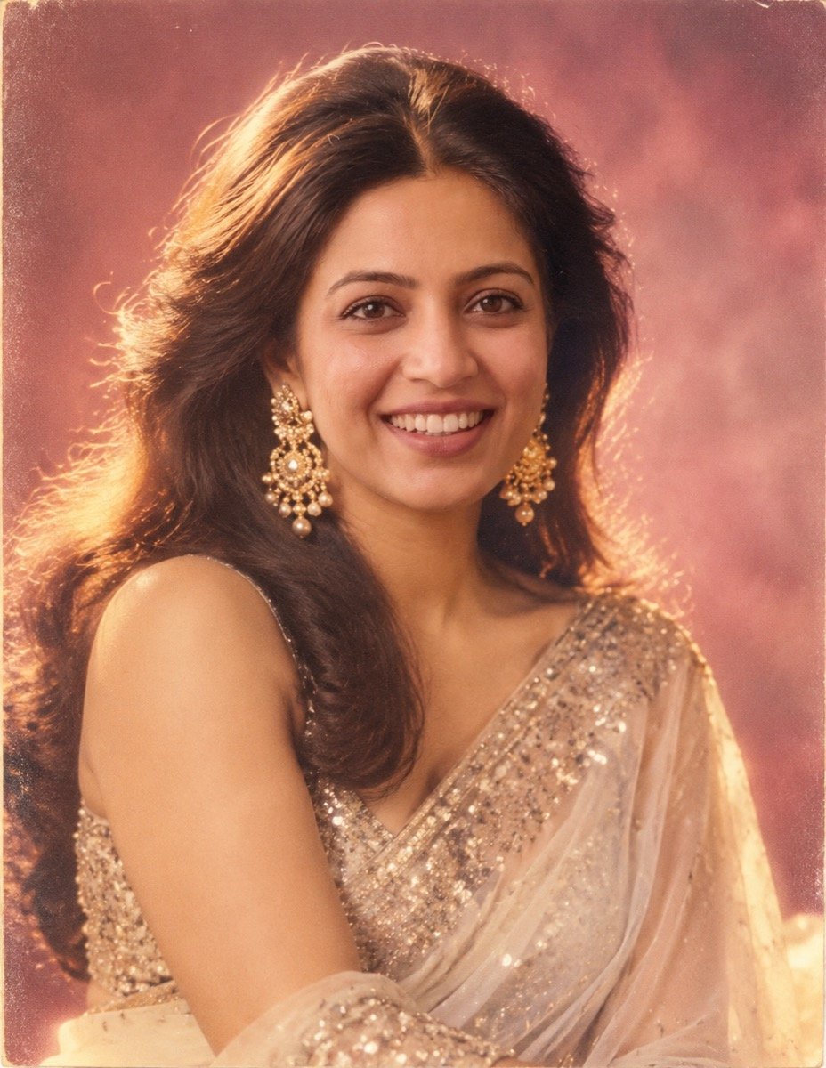 ChatGPT result for prompt 2: a woman as a 1980s Bollywood heroine with blow-dried hair and a sequinned saree