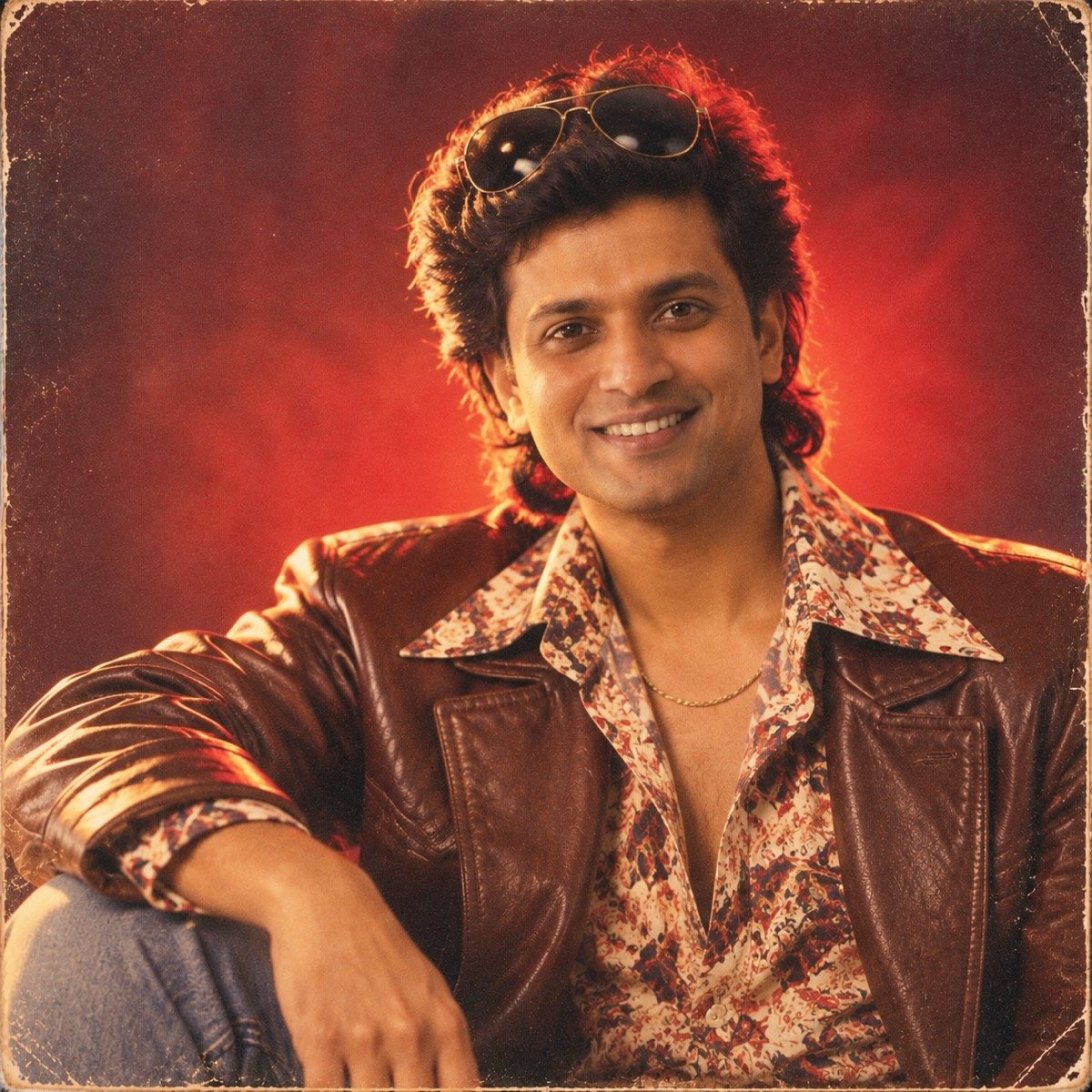 ChatGPT result for prompt 3: a man as a 1980s Bollywood hero in a leather jacket with aviators on his head