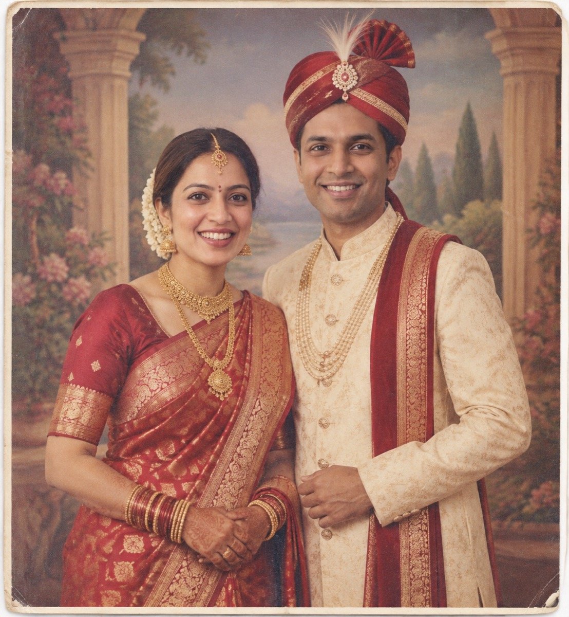 ChatGPT result for prompt 5: a couple in a 1980s Indian wedding studio portrait, red Banarasi saree and red safa