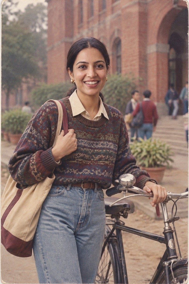 ChatGPT result for prompt 6: a woman on a 1980s college campus with a sweater, jeans and a black bicycle