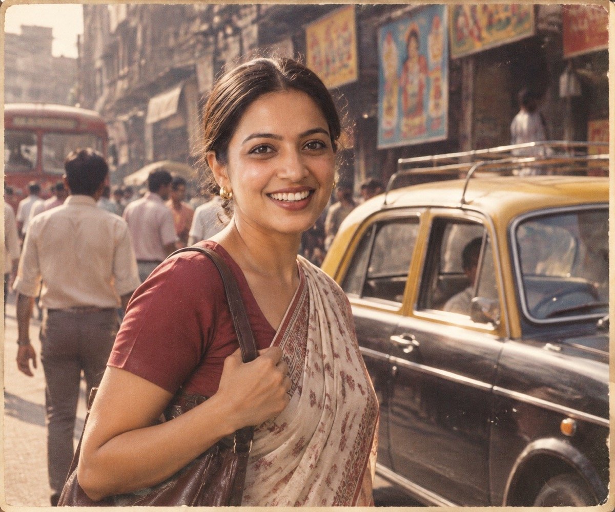 ChatGPT result for prompt 7: a woman on a 1985 Bombay street beside a black-and-yellow taxi