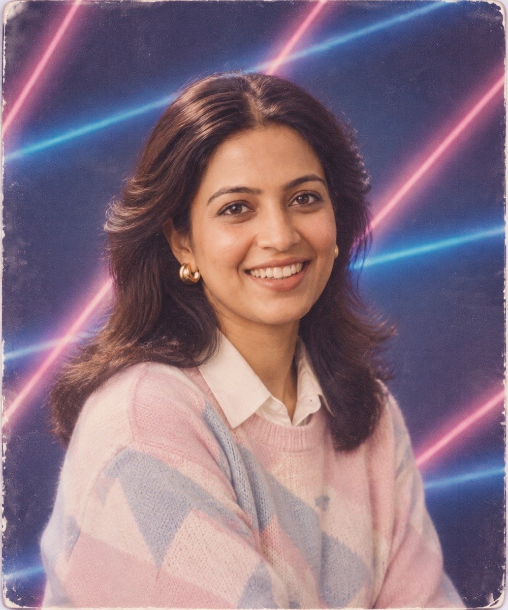 ChatGPT result for prompt 8: a woman in a 1980s school yearbook portrait with a laser backdrop