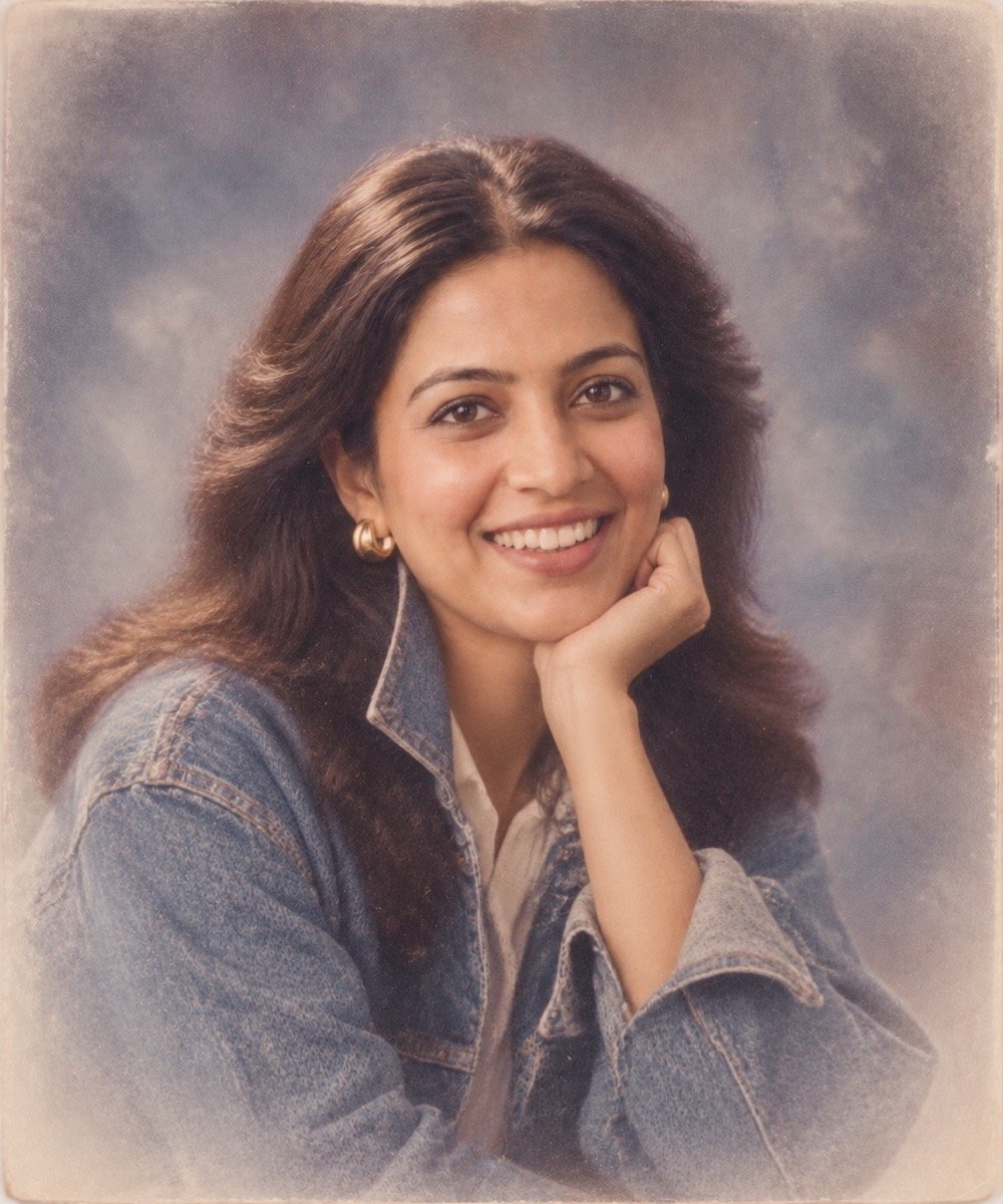 ChatGPT result for prompt 9: a woman in a 1980s mall-studio portrait, chin on hand, in a denim jacket