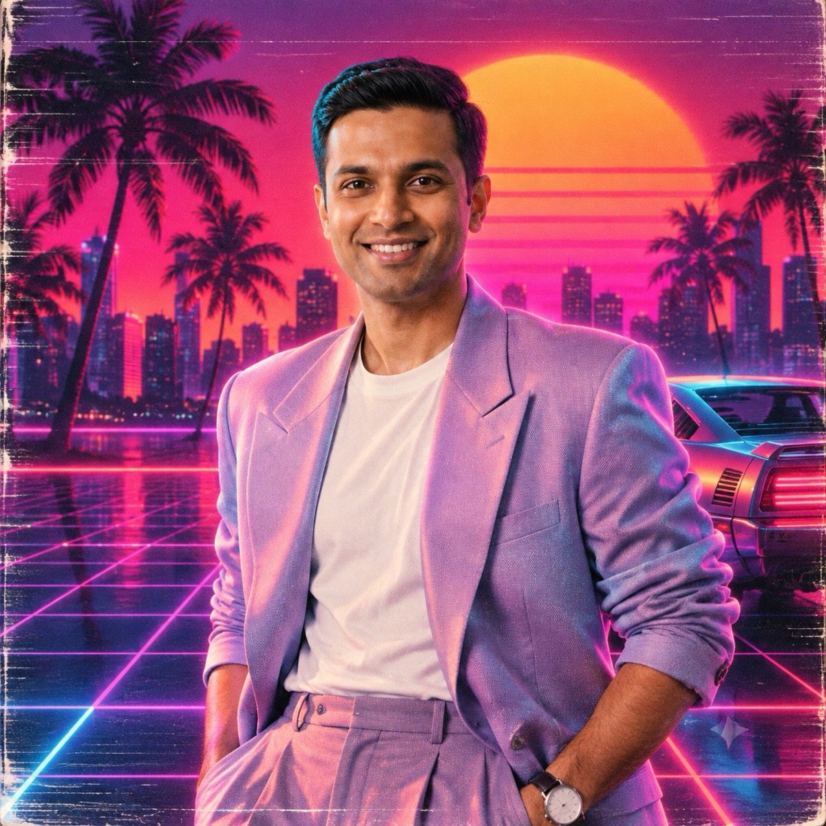ChatGPT result for prompt 10: a man in a pastel blazer in a neon synthwave scene with palms and a sunset