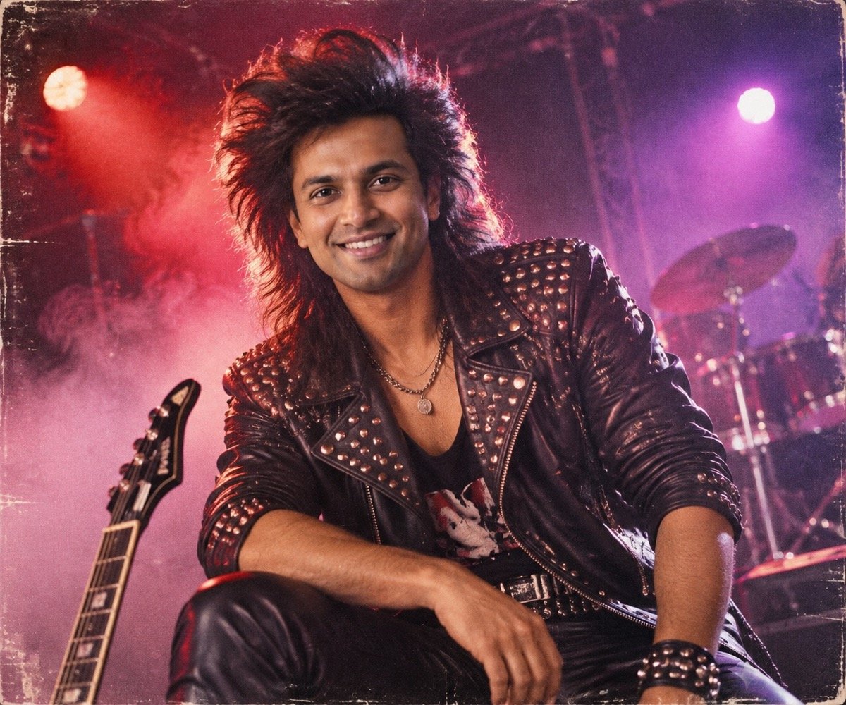 ChatGPT result for prompt 12: a man as a 1980s glam rock star with teased hair and a studded leather jacket