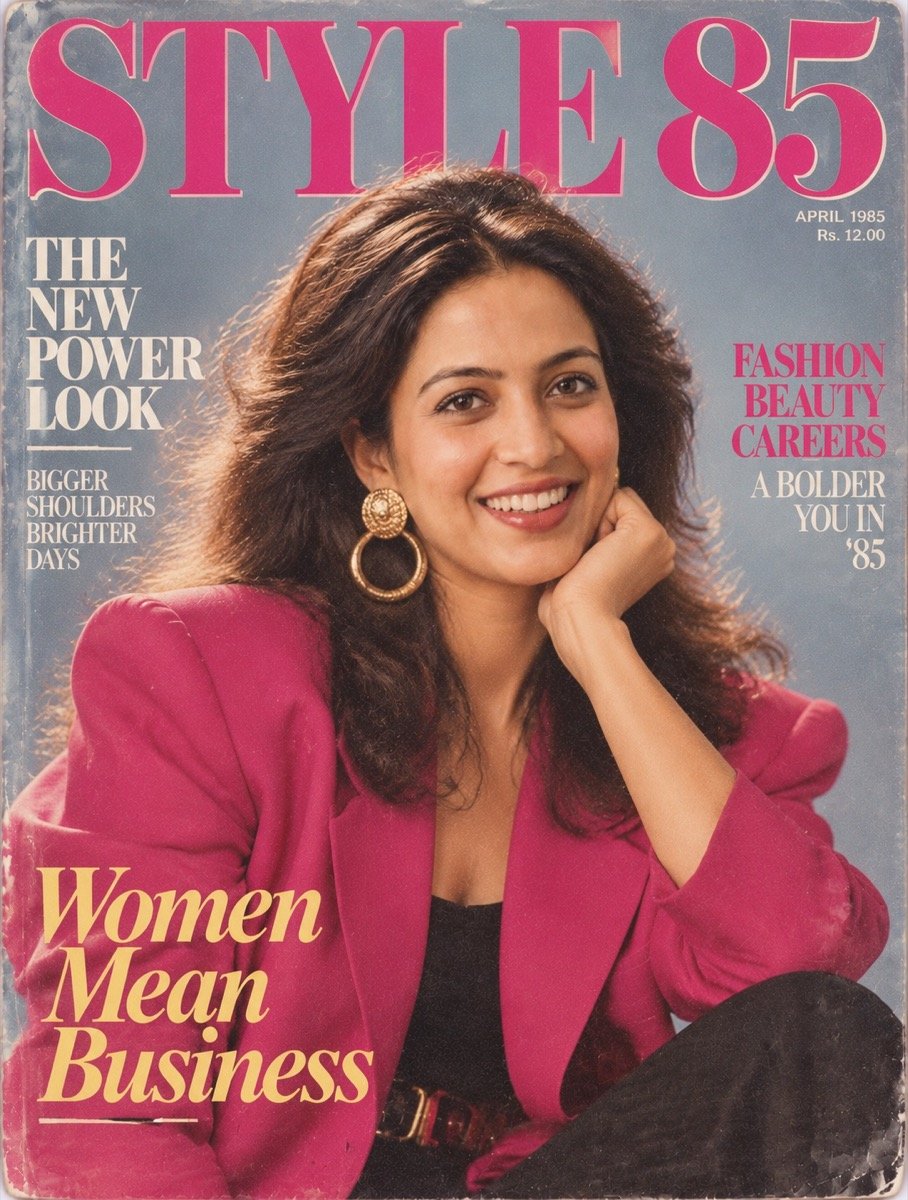 ChatGPT result for prompt 13: a woman on a 1985 fashion magazine cover titled STYLE 85