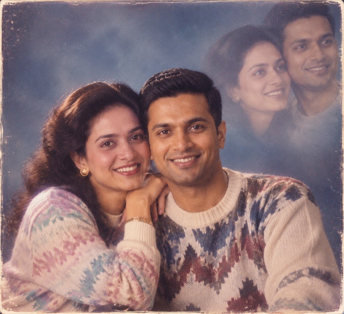 ChatGPT result for prompt 14: a couple in a 1980s studio portrait with a double exposure of their faces