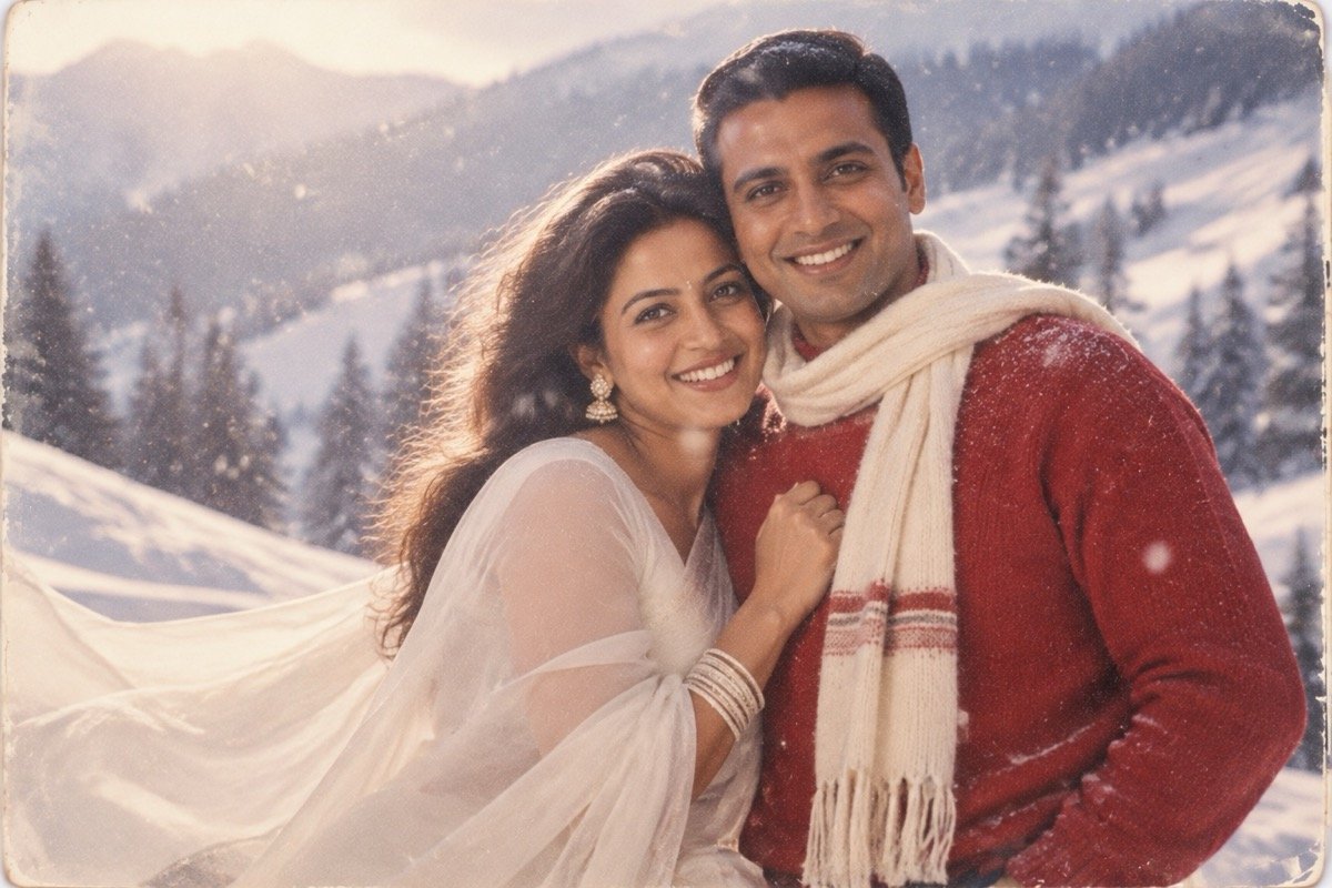ChatGPT result for prompt 15: a couple on a snowy mountain in a 1980s Bollywood song scene