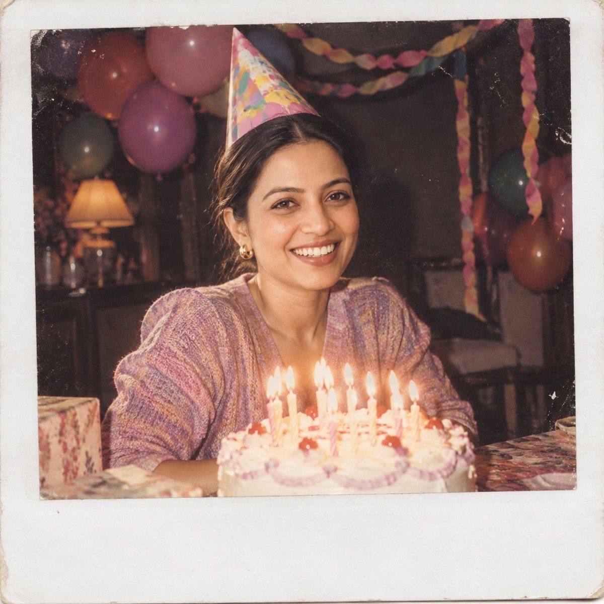 ChatGPT result for prompt 16: a woman at her birthday party in a 1980s instant photo