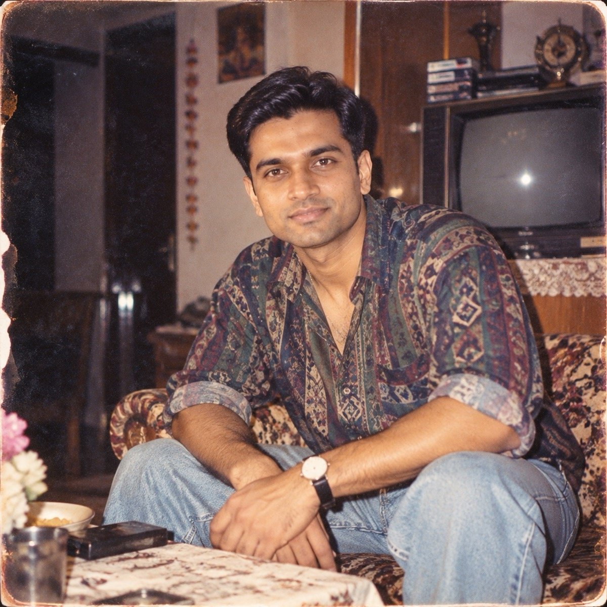 ChatGPT result for prompt 1: a man in a printed shirt and jeans on a sofa in a 1990s living room with a box TV