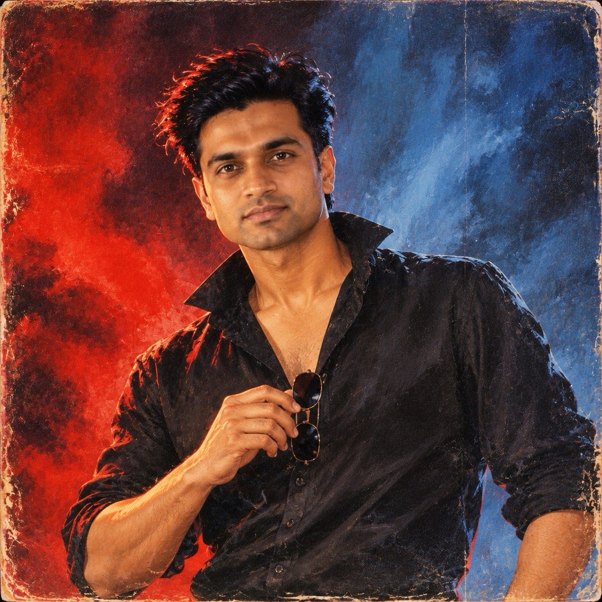 ChatGPT result for prompt 2: a man in a black shirt holding sunglasses on a red-and-blue painted 1990s film poster