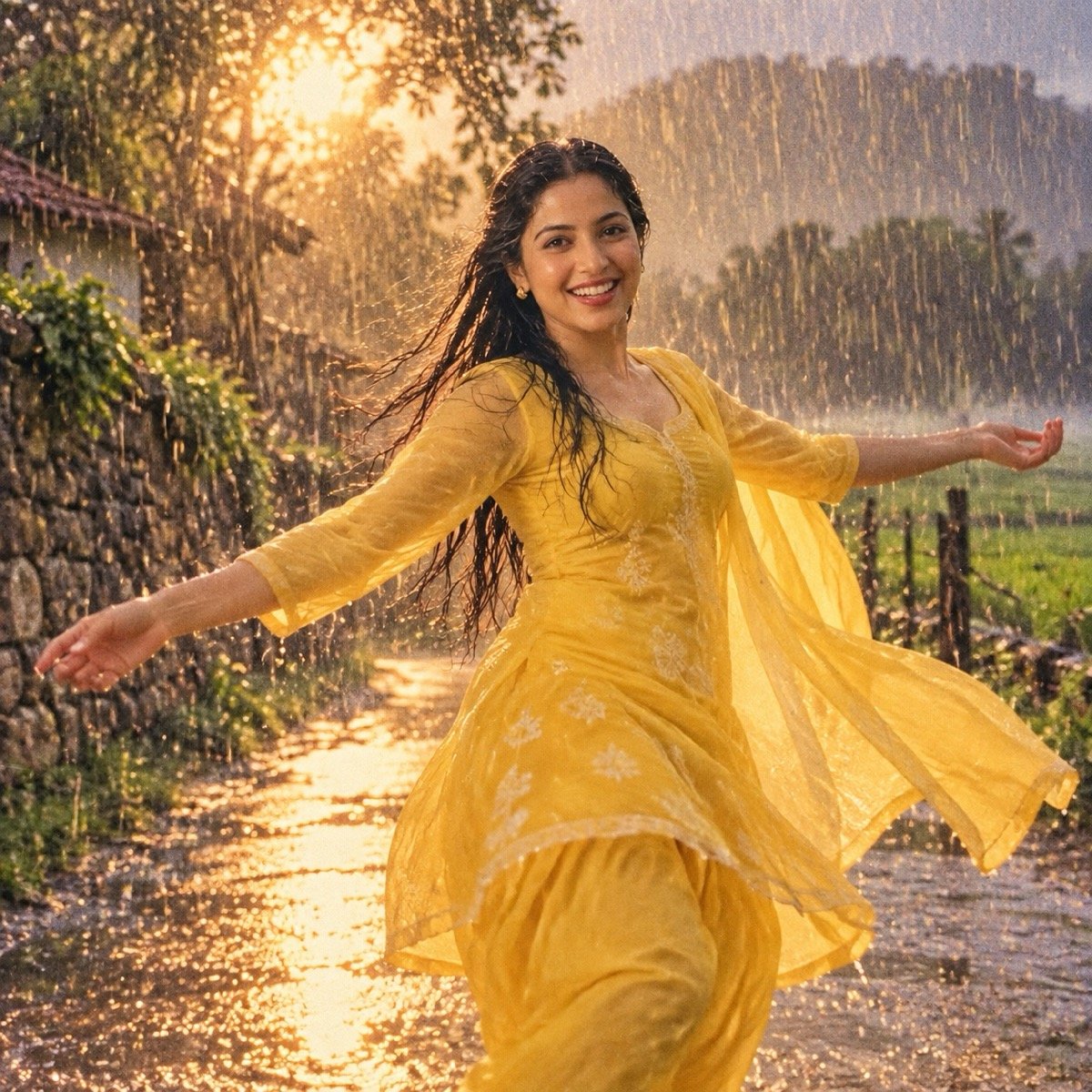 ChatGPT result for prompt 3: a woman dancing in the rain in a yellow salwar kameez on a village road
