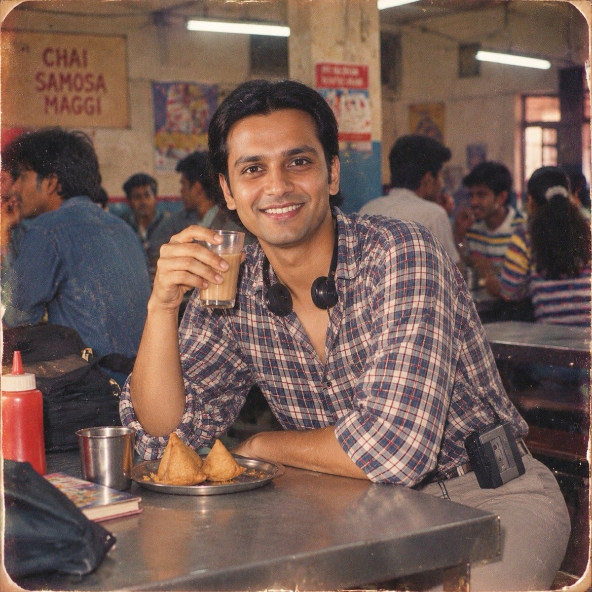 ChatGPT result for prompt 5: a man with a glass of chai and a plate of samosas in a 1990s college canteen