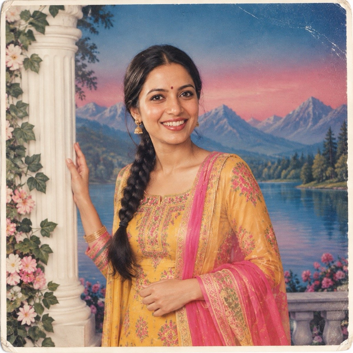 ChatGPT result for prompt 6: a woman in a printed salwar kameez beside a pillar in front of a painted lake backdrop