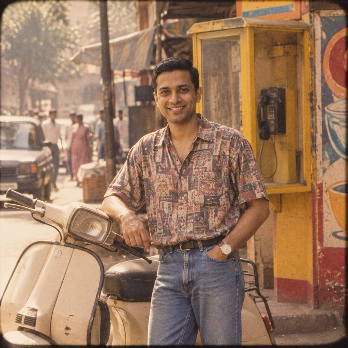 ChatGPT result for prompt 7: a man beside a cream scooter outside a yellow telephone booth on a 1990s street