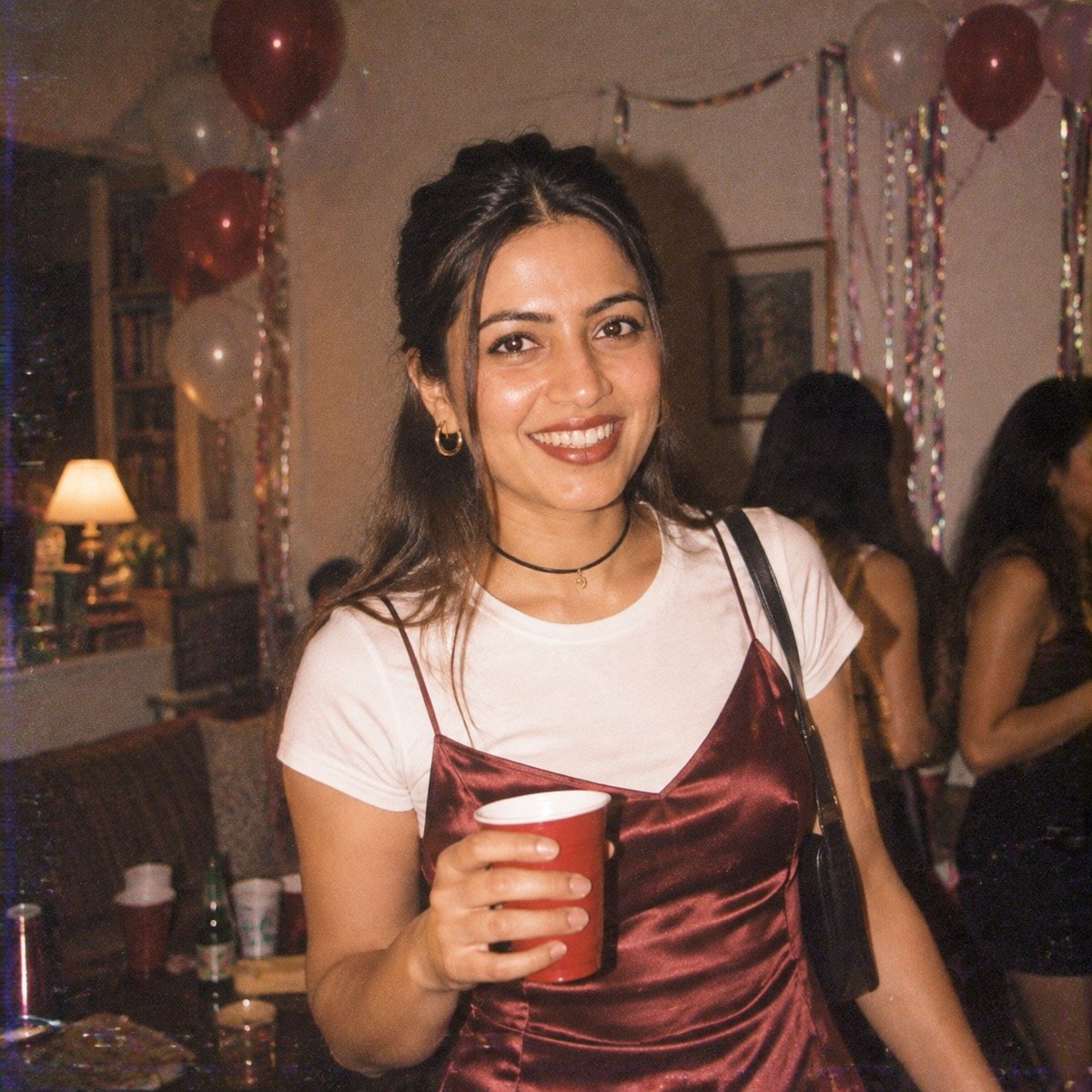 ChatGPT result for prompt 8: a woman in a satin slip dress over a white tee holding a red cup at a 1990s party