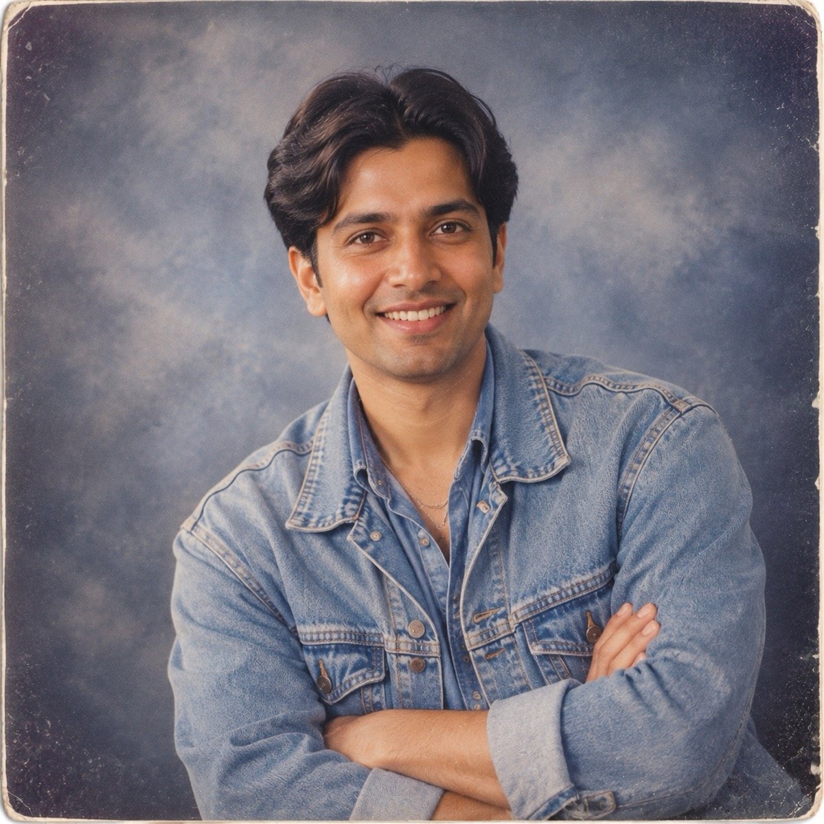 ChatGPT result for prompt 9: a man in denim-on-denim with arms crossed in a 1990s mall studio portrait