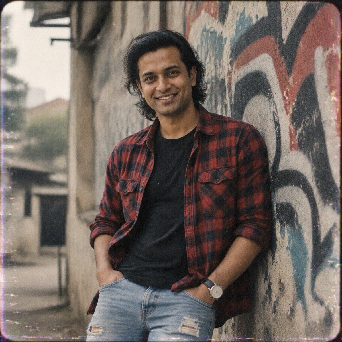 ChatGPT result for prompt 10: a man in a flannel shirt leaning on a graffiti wall in 1990s grunge style