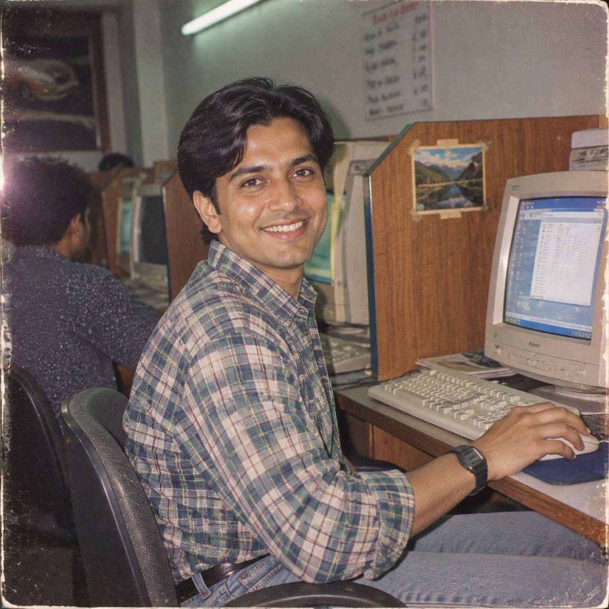 ChatGPT result for prompt 13: a man at a beige computer with a CRT monitor in a 1990s cybercafe