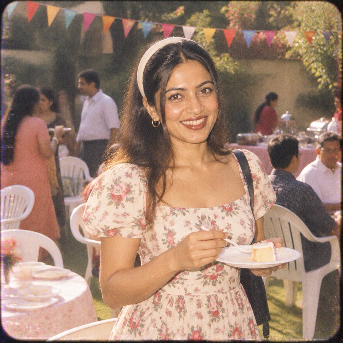 ChatGPT result for prompt 14: a woman in a floral frock holding a plate of cake at a 1990s garden party