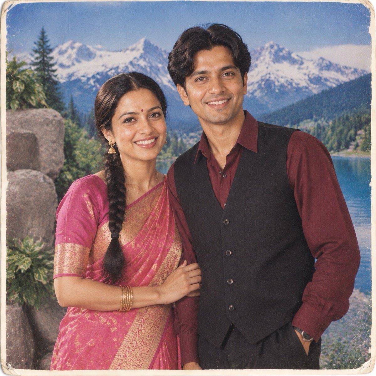 ChatGPT result for prompt 15: a couple in front of a painted Swiss mountain backdrop in a 1990s photo studio