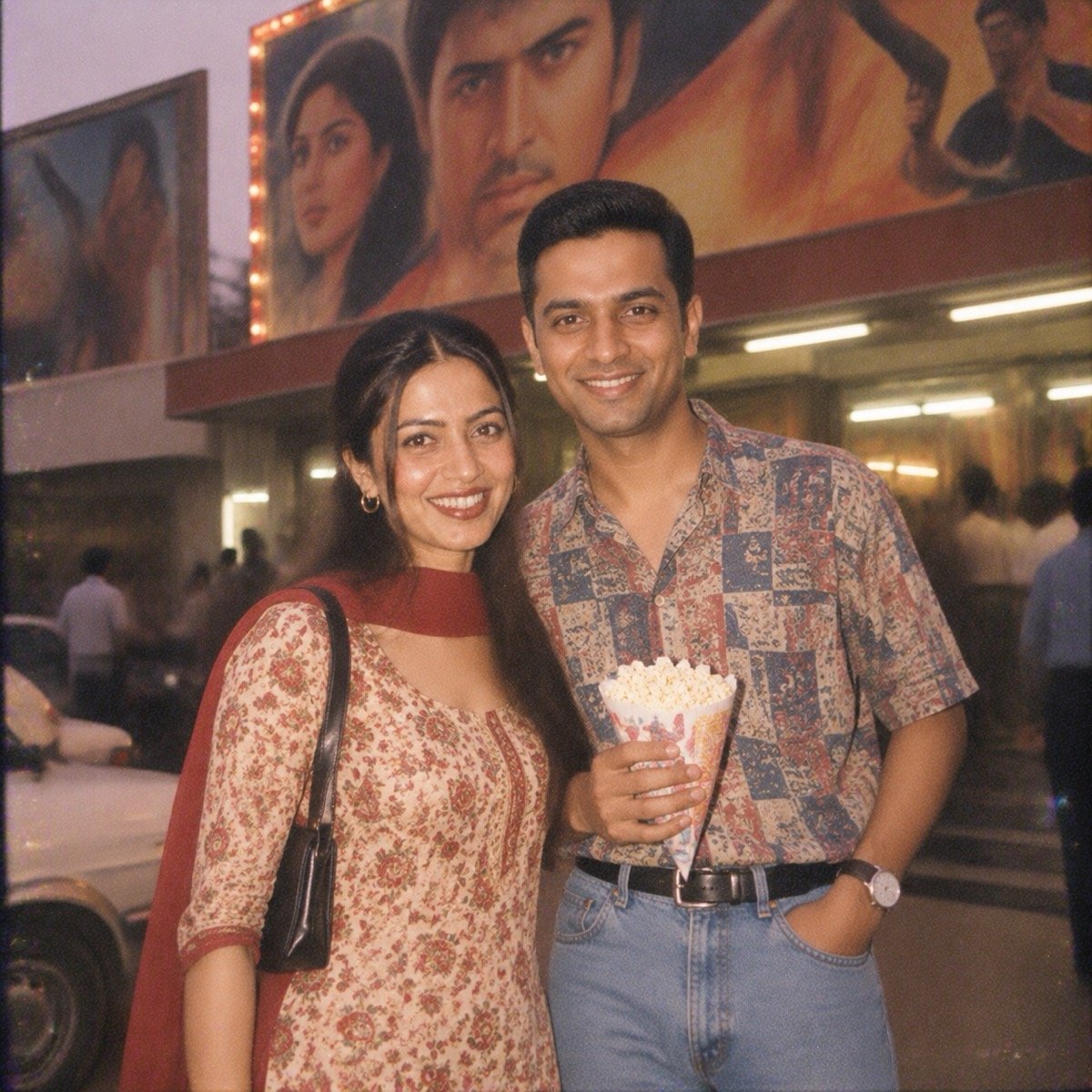 ChatGPT result for prompt 16: a couple with popcorn outside a 1990s single-screen cinema with painted hoardings