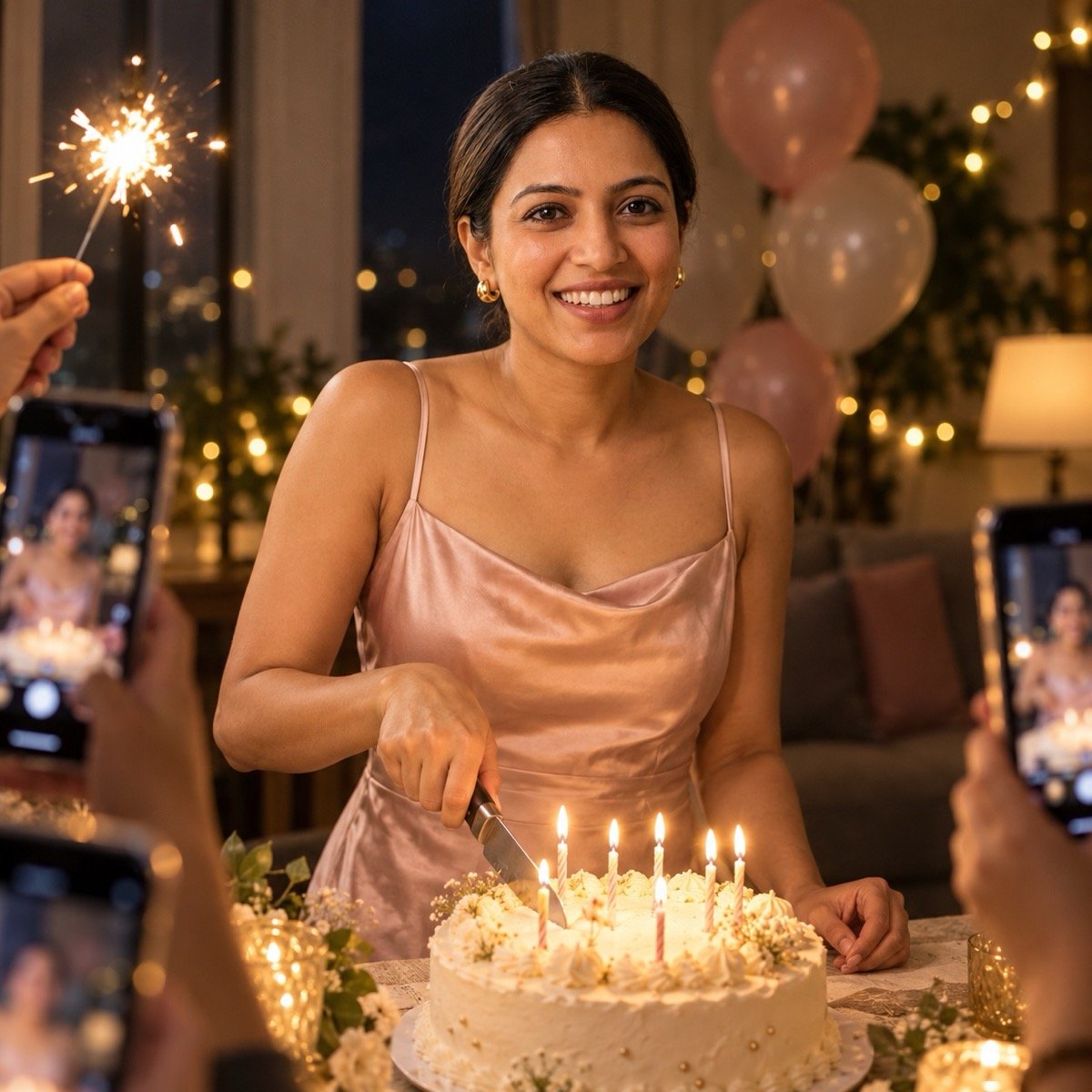 ChatGPT result for prompt 1: a woman cutting a birthday cake at midnight, friends' hands holding phones around her, fairy lights behind