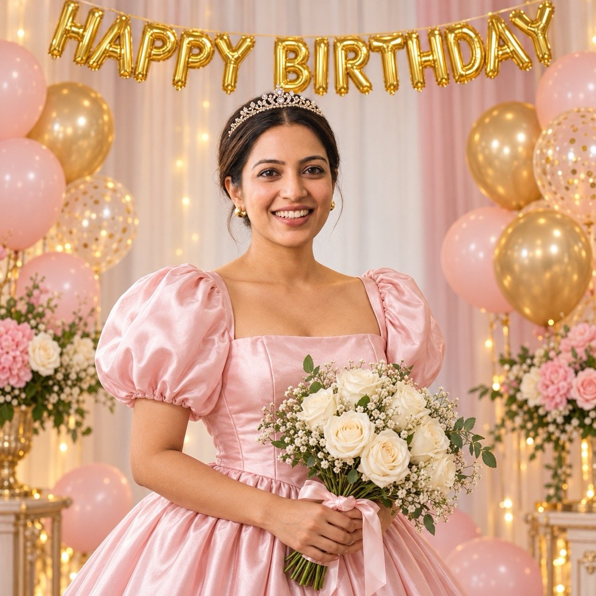 ChatGPT result for prompt 2: a woman in a tiara and a pale pink satin gown under a gold HAPPY BIRTHDAY banner and balloons