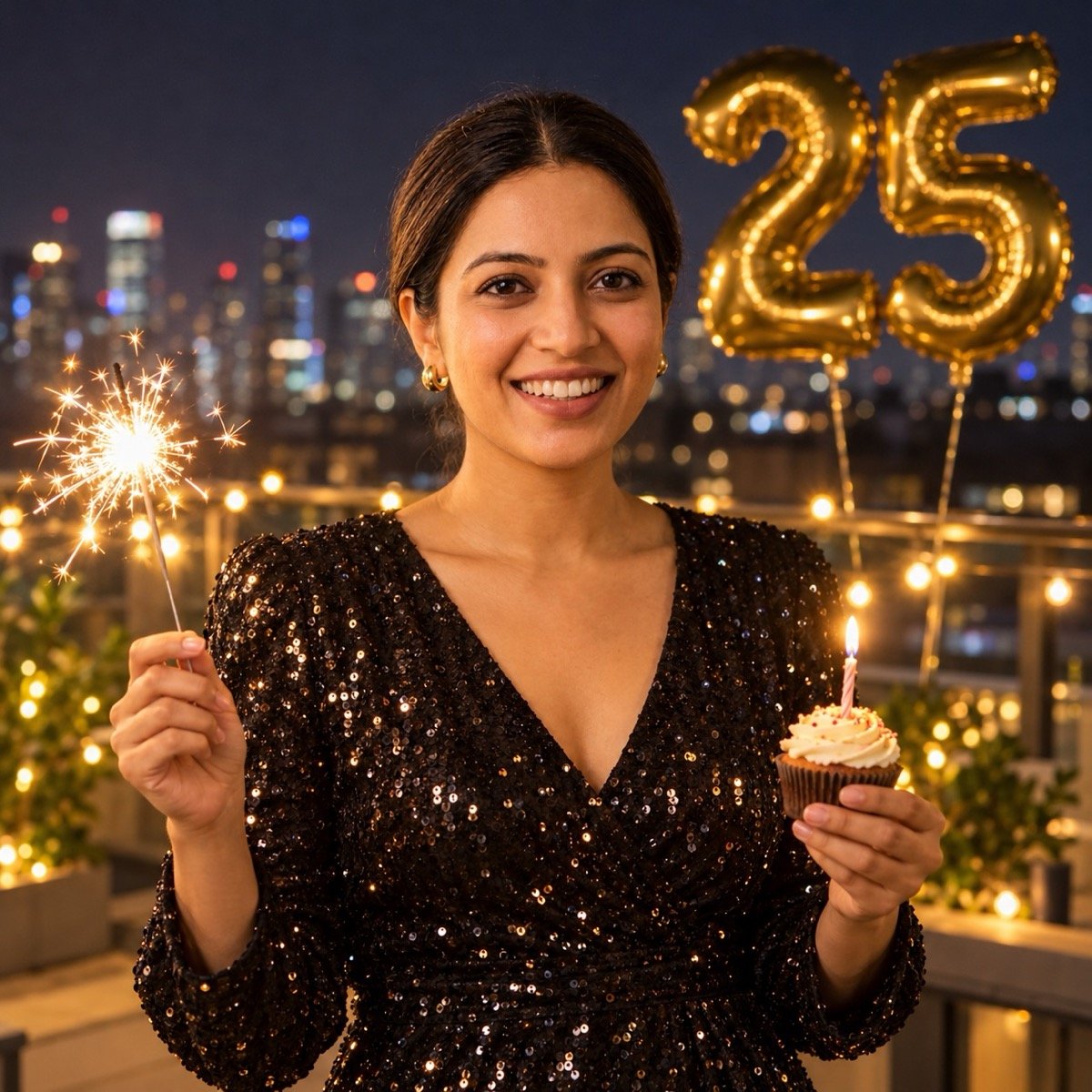 ChatGPT result for prompt 3: a woman on a rooftop at night holding a sparkler, gold number balloons reading 25 behind her