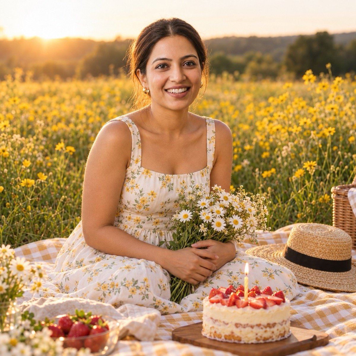ChatGPT result for prompt 4: a woman sitting on a picnic blanket in a flower field with a small cake and a bouquet, golden hour