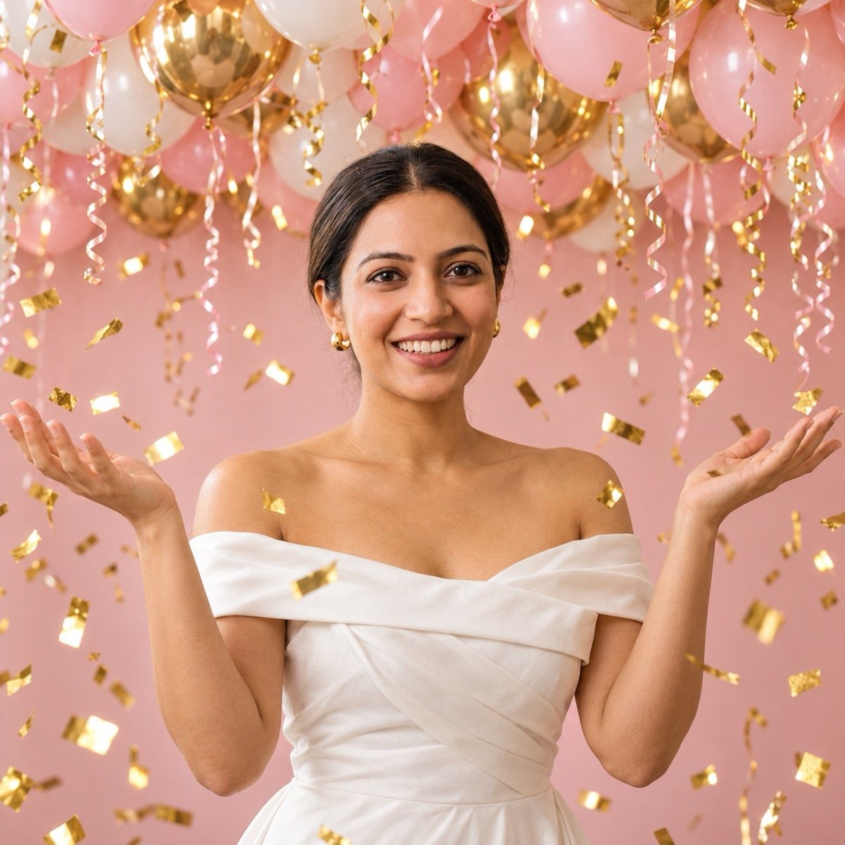 ChatGPT result for prompt 5: a woman in a white dress under a ceiling packed with pastel balloons, confetti in the air