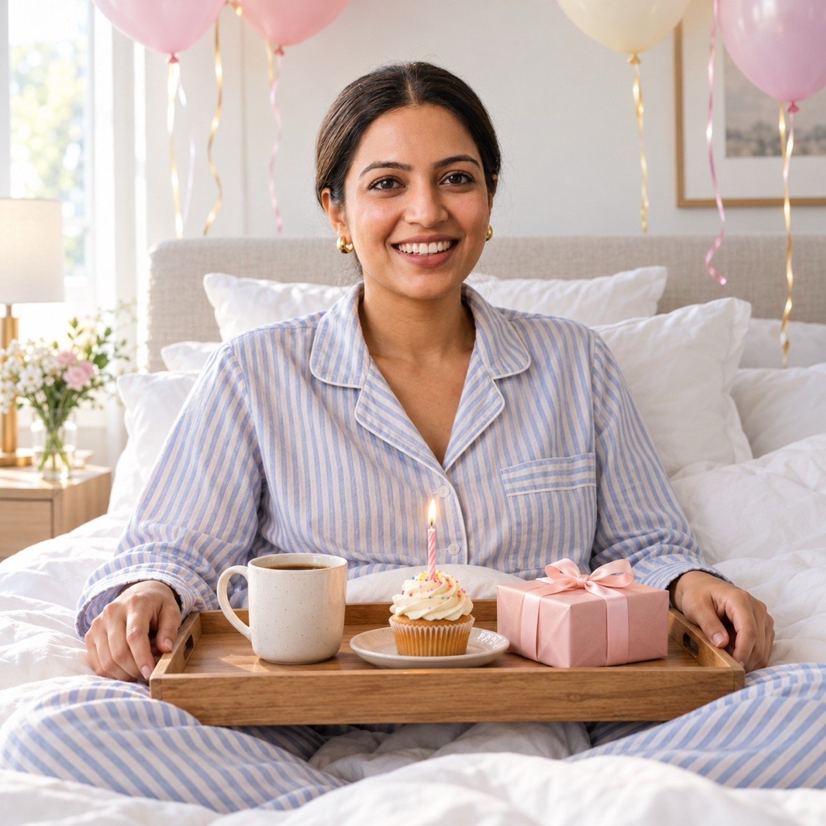 ChatGPT result for prompt 6: a woman sitting up in bed in pyjamas with a breakfast tray holding a cupcake with a lit candle, window light