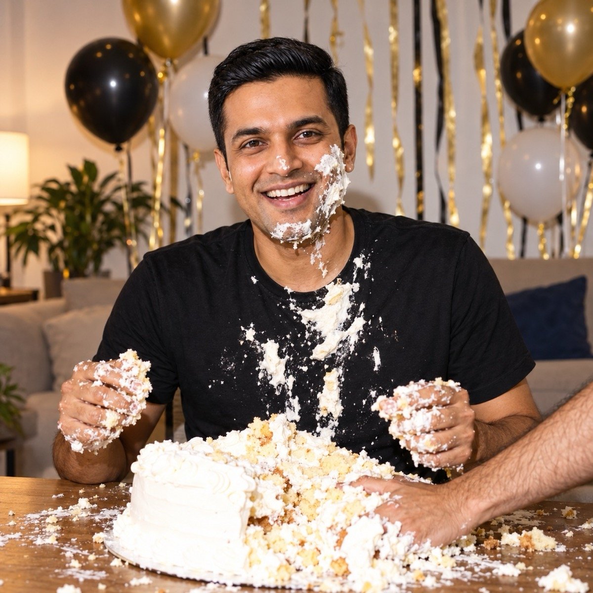 ChatGPT result for prompt 7: a man laughing with cream cake smeared across his face and shirt, friends' hands pushing the cake
