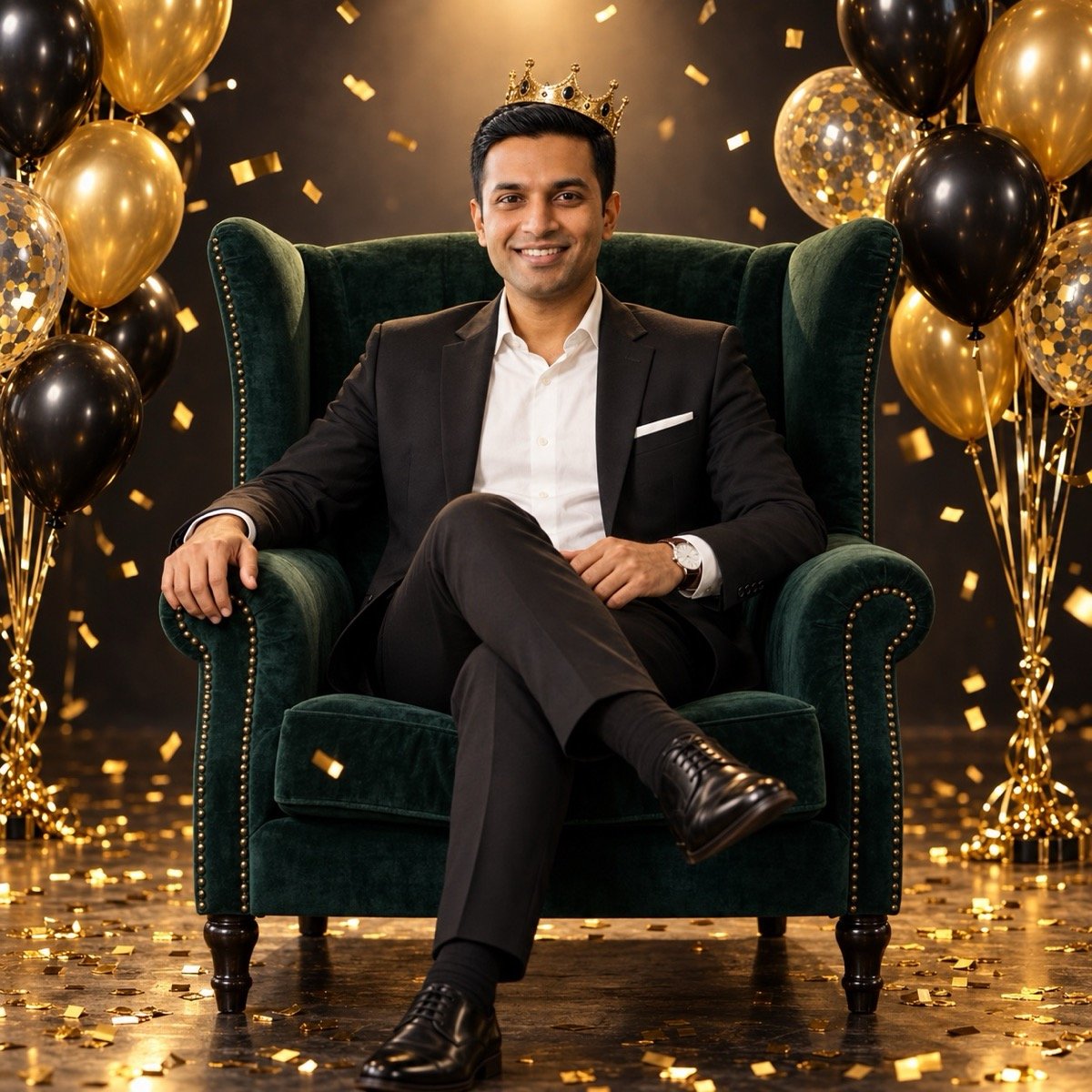 ChatGPT result for prompt 8: a man in a black suit and a gold crown sitting on a dark velvet wing chair with gold balloons and confetti