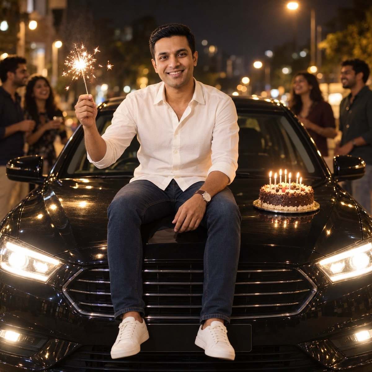 ChatGPT result for prompt 9: a man sitting on the bonnet of a black car at night with a cake and candles beside him, friends blurred behind