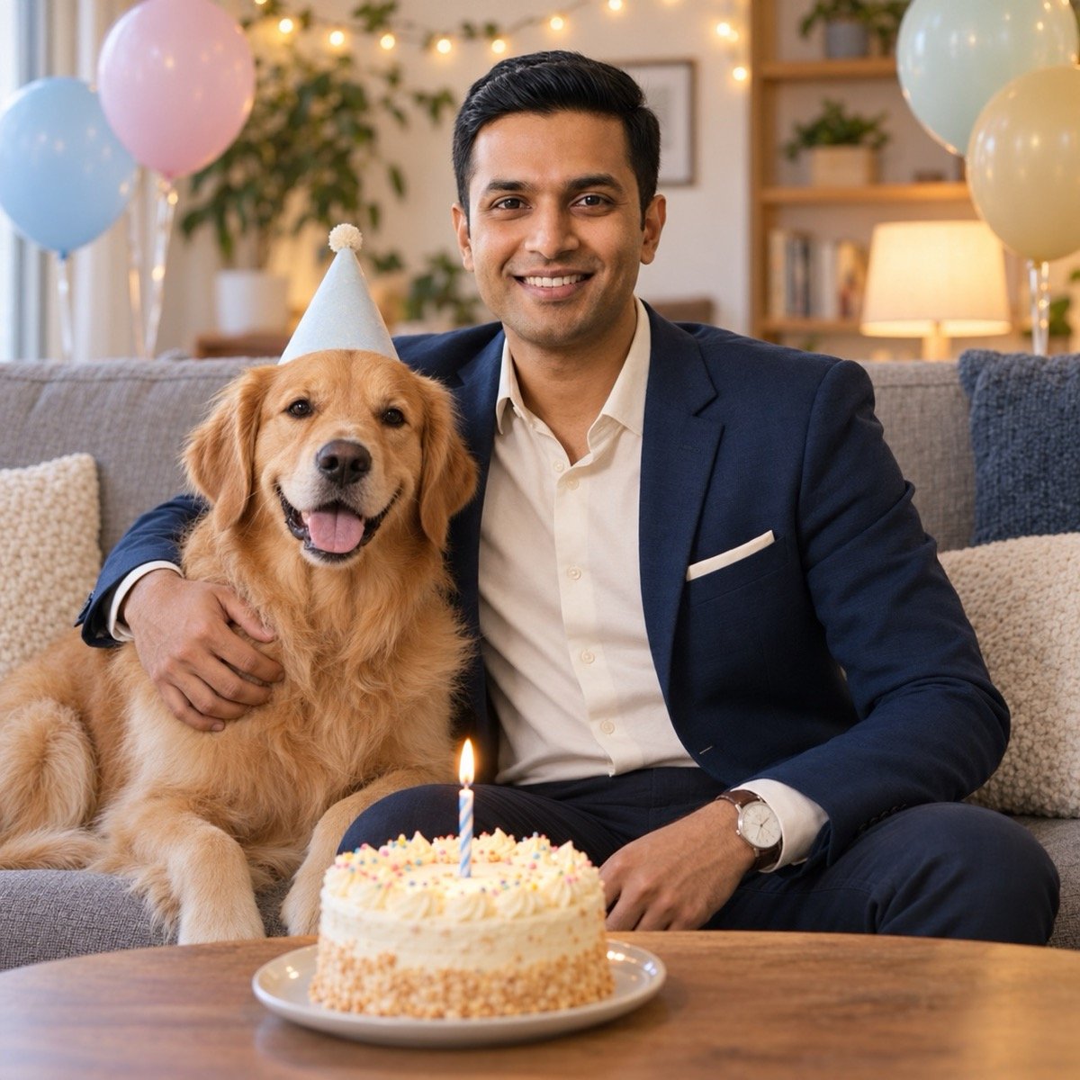 ChatGPT result for prompt 10: a man on a sofa with a golden retriever in a party hat, both beside a small cake with a candle