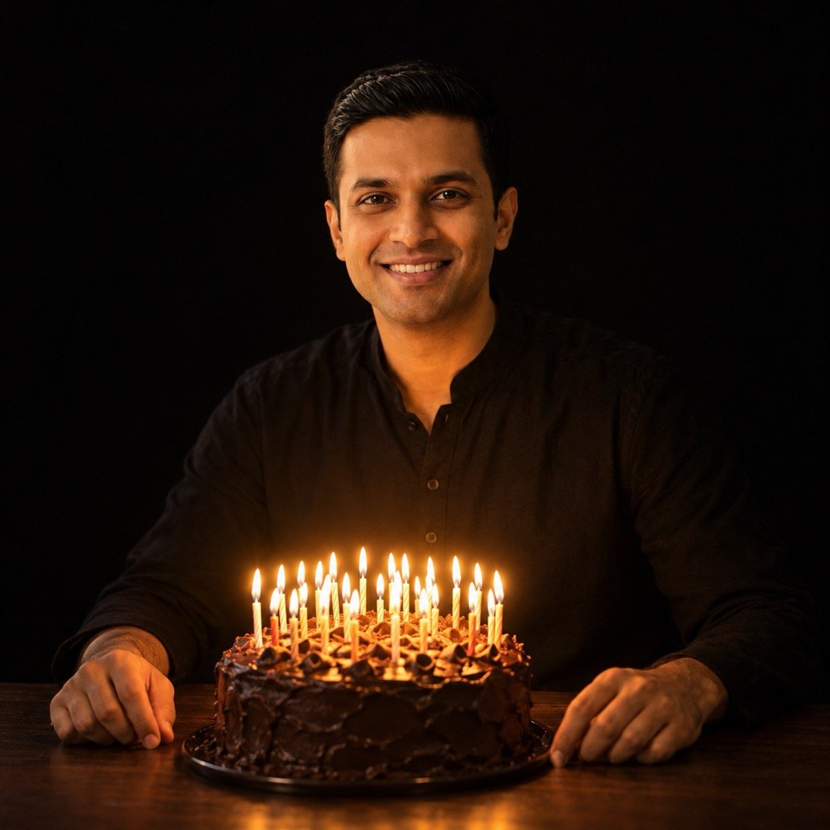ChatGPT result for prompt 11: a man in a black kurta in a dark room lit only by the candles on a cake in front of him