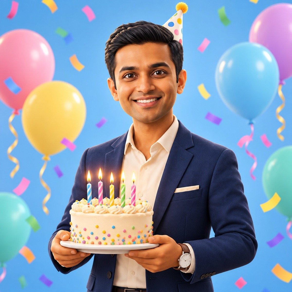 ChatGPT result for prompt 12: a stylised 3D cartoon character version of a man holding a birthday cake with candles, confetti around him