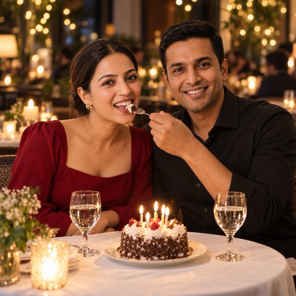 ChatGPT result for prompt 13: a couple at a candle-lit dinner table, one feeding the other a piece of cake, fairy lights behind