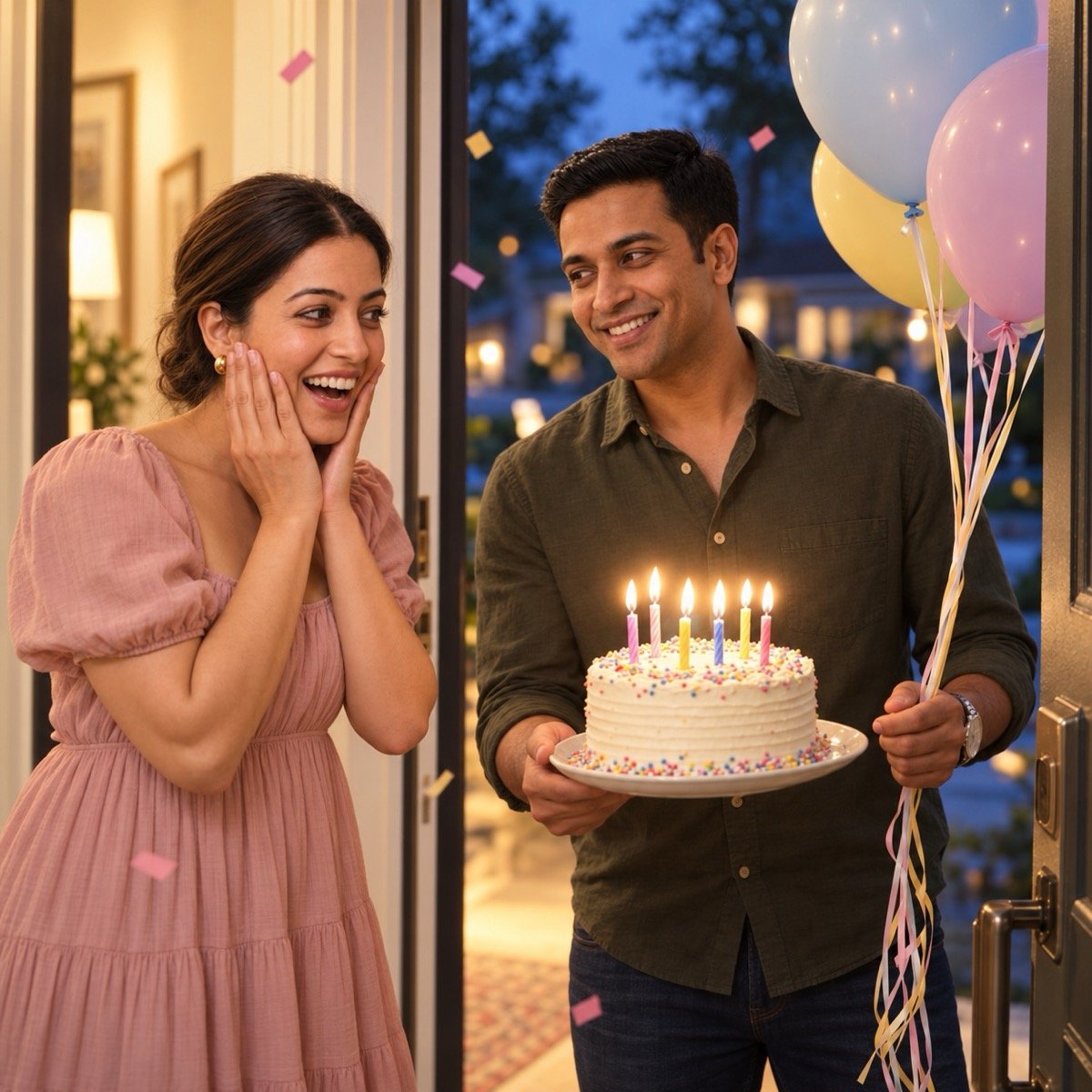 ChatGPT result for prompt 14: a woman with both hands on her cheeks in surprise as her partner holds out a cake at the front door