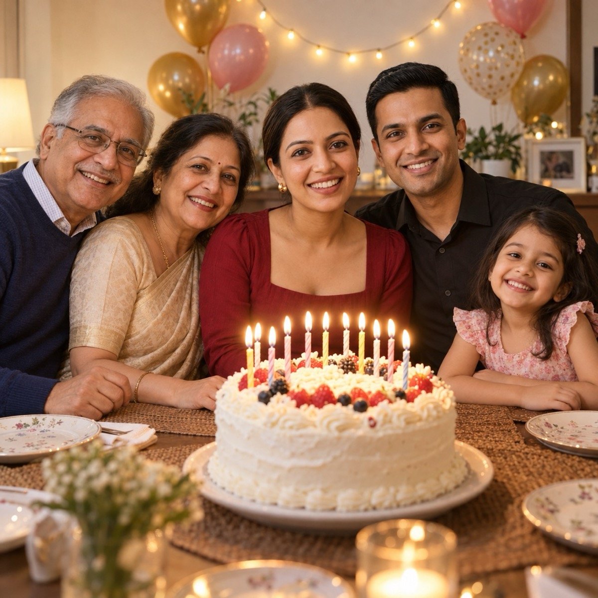 ChatGPT result for prompt 15: a couple with parents and a child around a birthday cake at a home dining table, everyone smiling