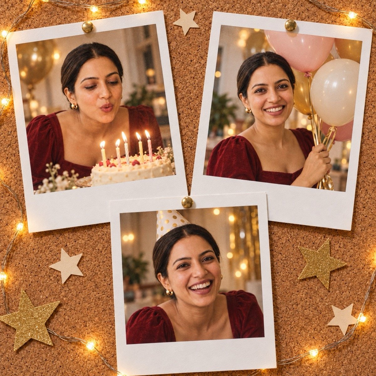 ChatGPT result for prompt 16: three Polaroid-style instant photos of a woman at a birthday party pinned on a cork board with fairy lights