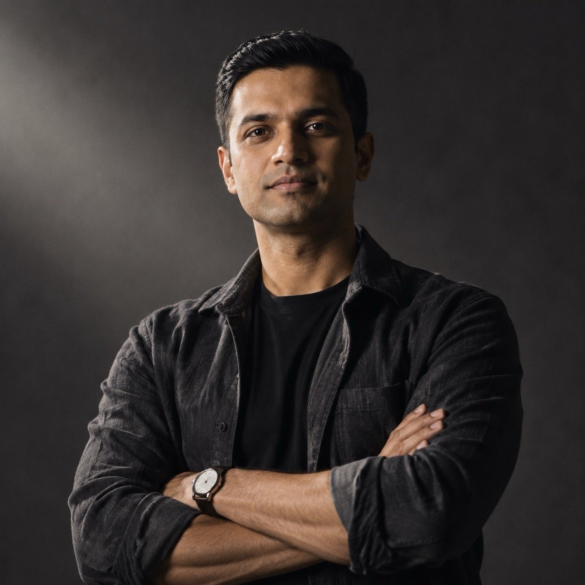 ChatGPT result for the The dark attitude portrait prompt: a man with folded arms in a black tee and charcoal overshirt against a dark backdrop
