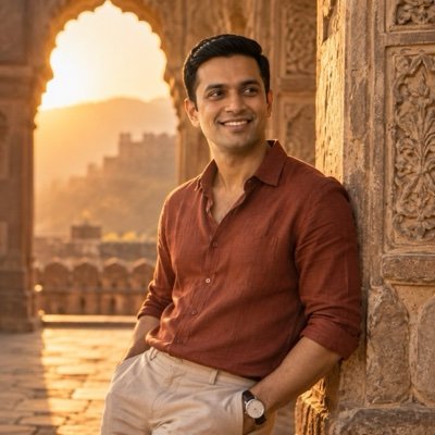 ChatGPT result: a man in a rust linen shirt leaning on a carved fort archway at golden hour