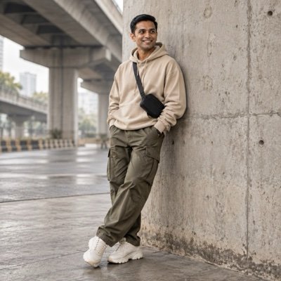 ChatGPT result: a man in a sand hoodie and olive cargo trousers leaning on a concrete wall under a flyover