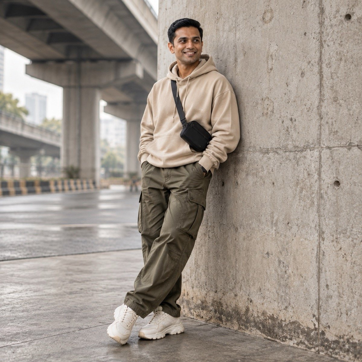 ChatGPT result for the Stylish streetwear under the flyover prompt: a man in a sand hoodie and olive cargo trousers leaning on a concrete wall under a flyover