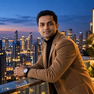 ChatGPT result: a man in a camel overcoat leaning on a glass railing above a city at blue hour