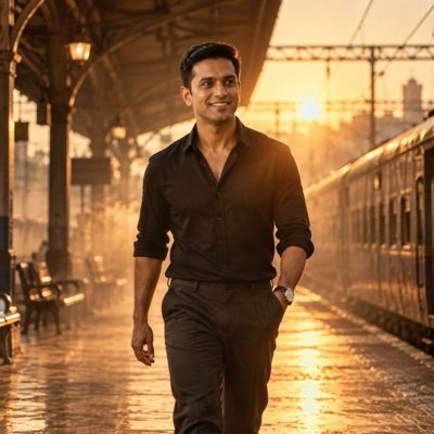 ChatGPT result: a man in a black shirt walking along a hazy railway platform at dawn