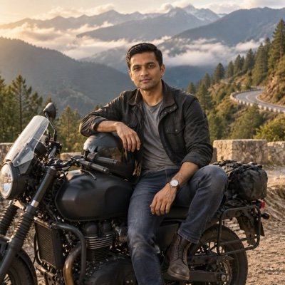 ChatGPT result: a man on a parked matte-black motorcycle beside a winding mountain road